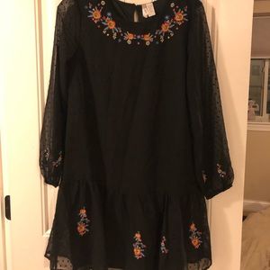 Black, floral embroidered, long sleeve, dress